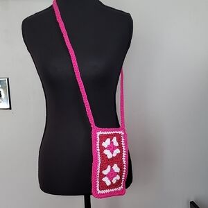 Handcrafted Pink and White Crochet Crossbody Cell Phone  Bag